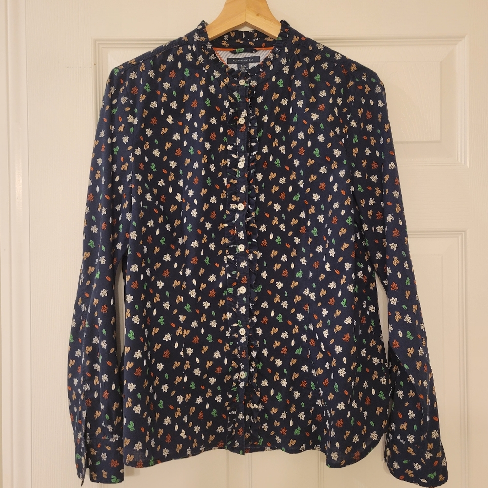 Tommy Hilfiger Fall Leaves Blue Cotton Top, Size L